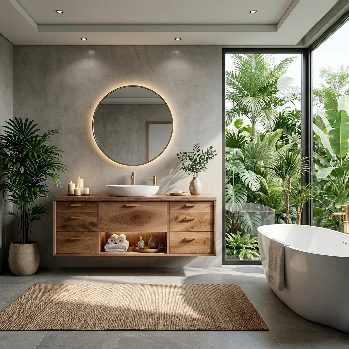 Oak floating bathroom vanity with round mirror and vessel sink