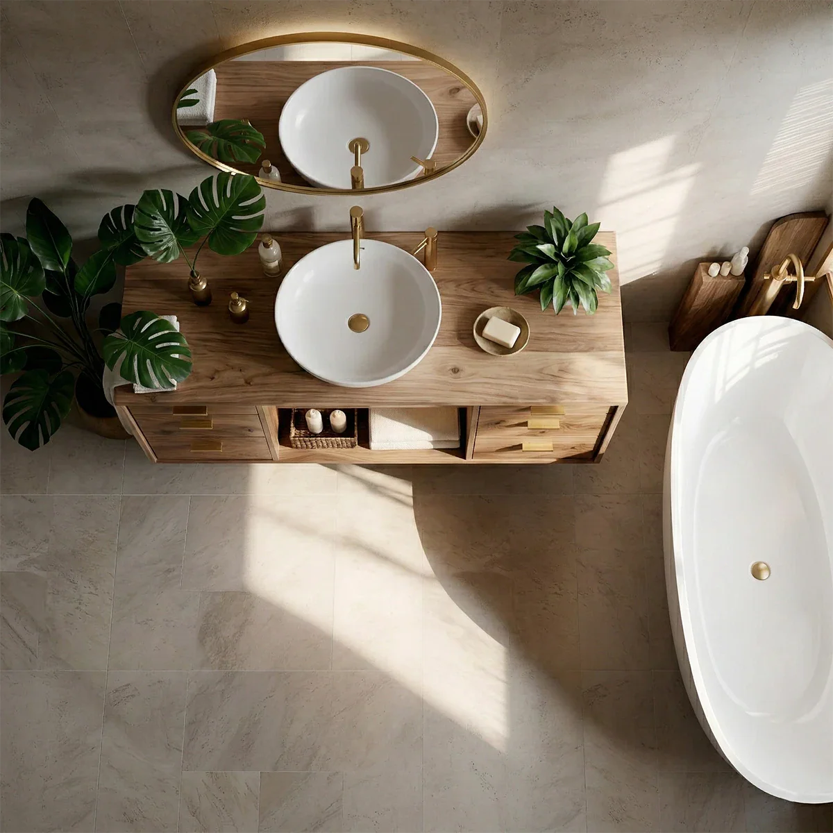 Natural oak floating bathroom vanity with brass handles