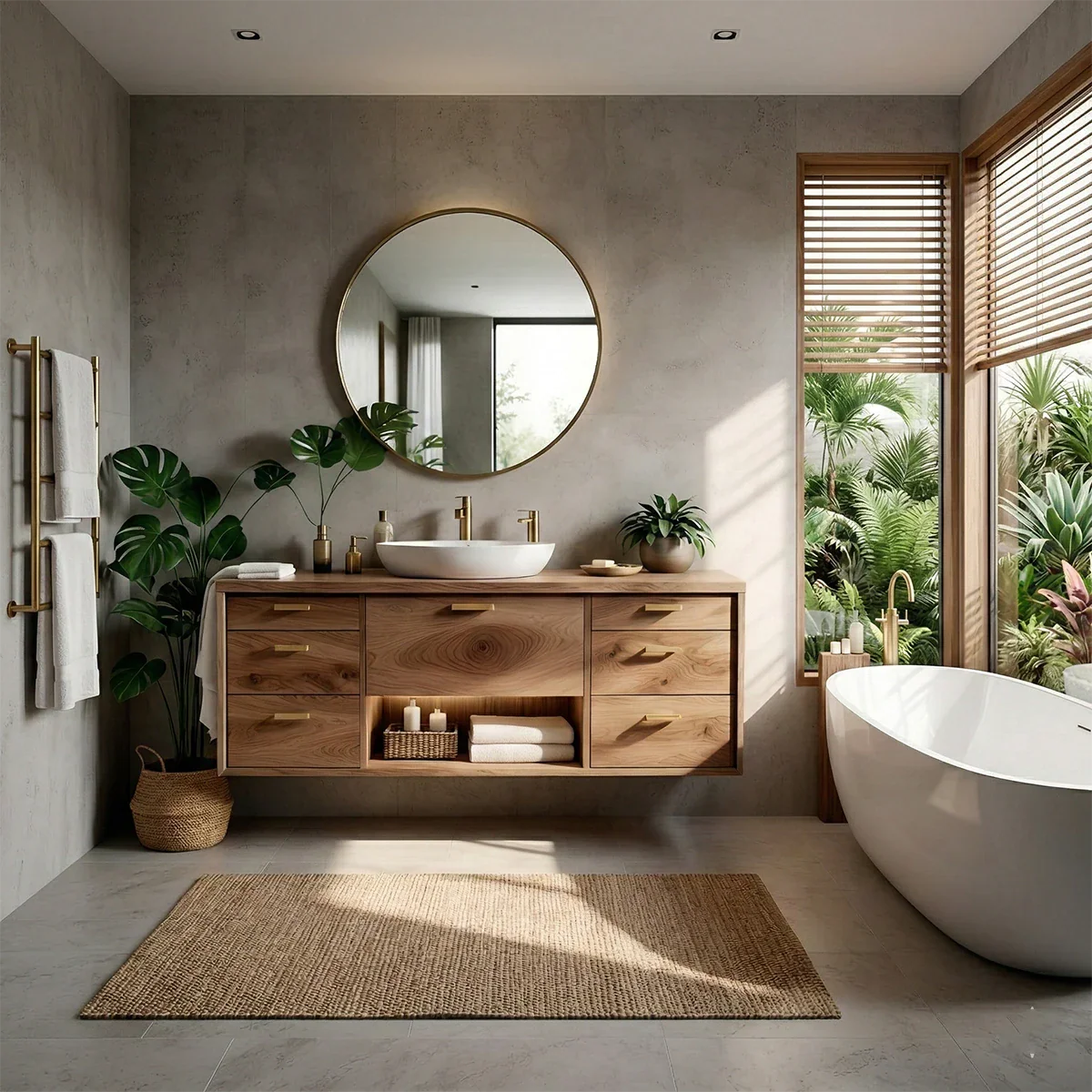 Oak floating bathroom vanity with modern drawer storage