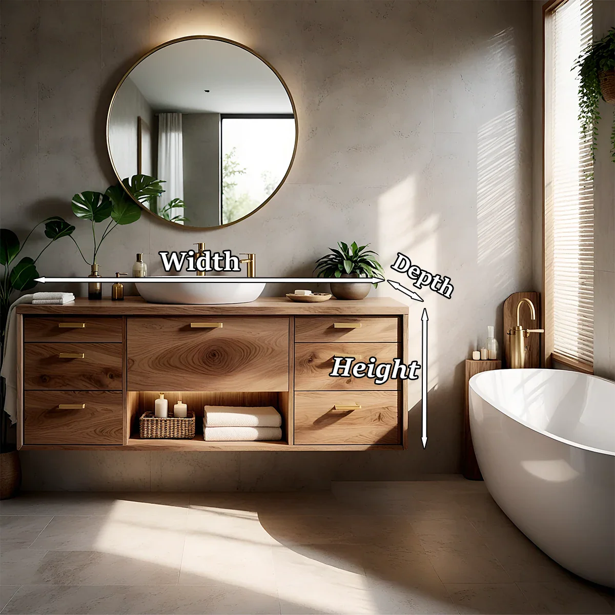 Contemporary oak floating bathroom vanity with storage drawers