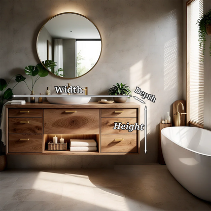 Contemporary oak floating bathroom vanity with storage drawers