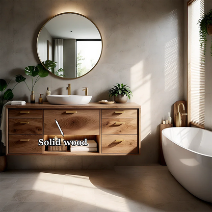 Minimalist oak floating bathroom vanity with vessel basin