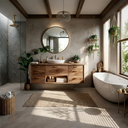 Scandinavian style floating bathroom vanity with natural oak grain