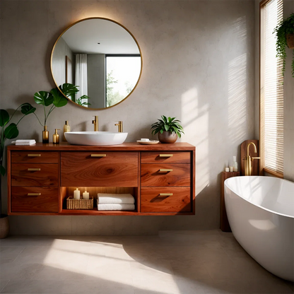 Oak floating bathroom vanity with open shelf storage