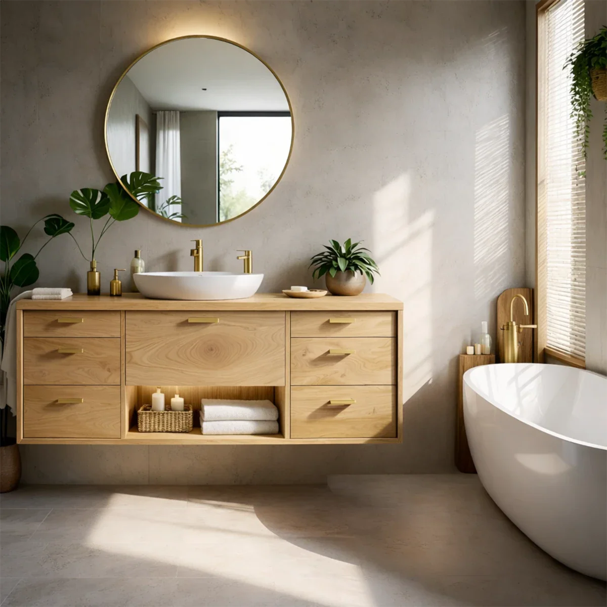 Scandinavian floating bathroom vanity with warm oak wood texture