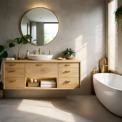 Scandinavian floating bathroom vanity with warm oak wood texture