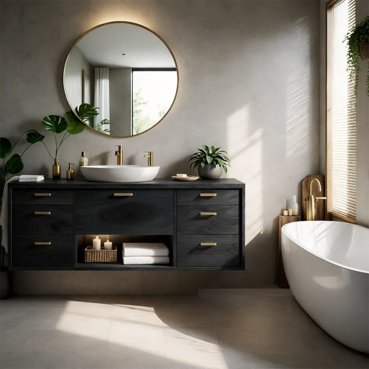 Designer oak floating bathroom vanity with multiple drawers