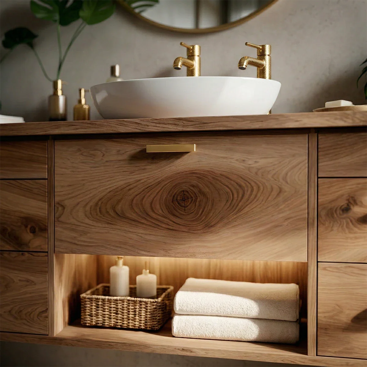Wall mounted oak floating bathroom vanity with drawer storage