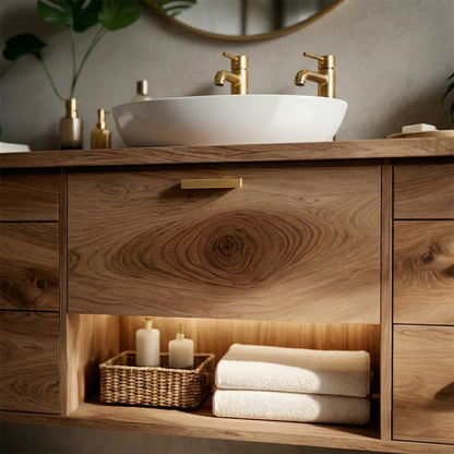 Wall mounted oak floating bathroom vanity with drawer storage