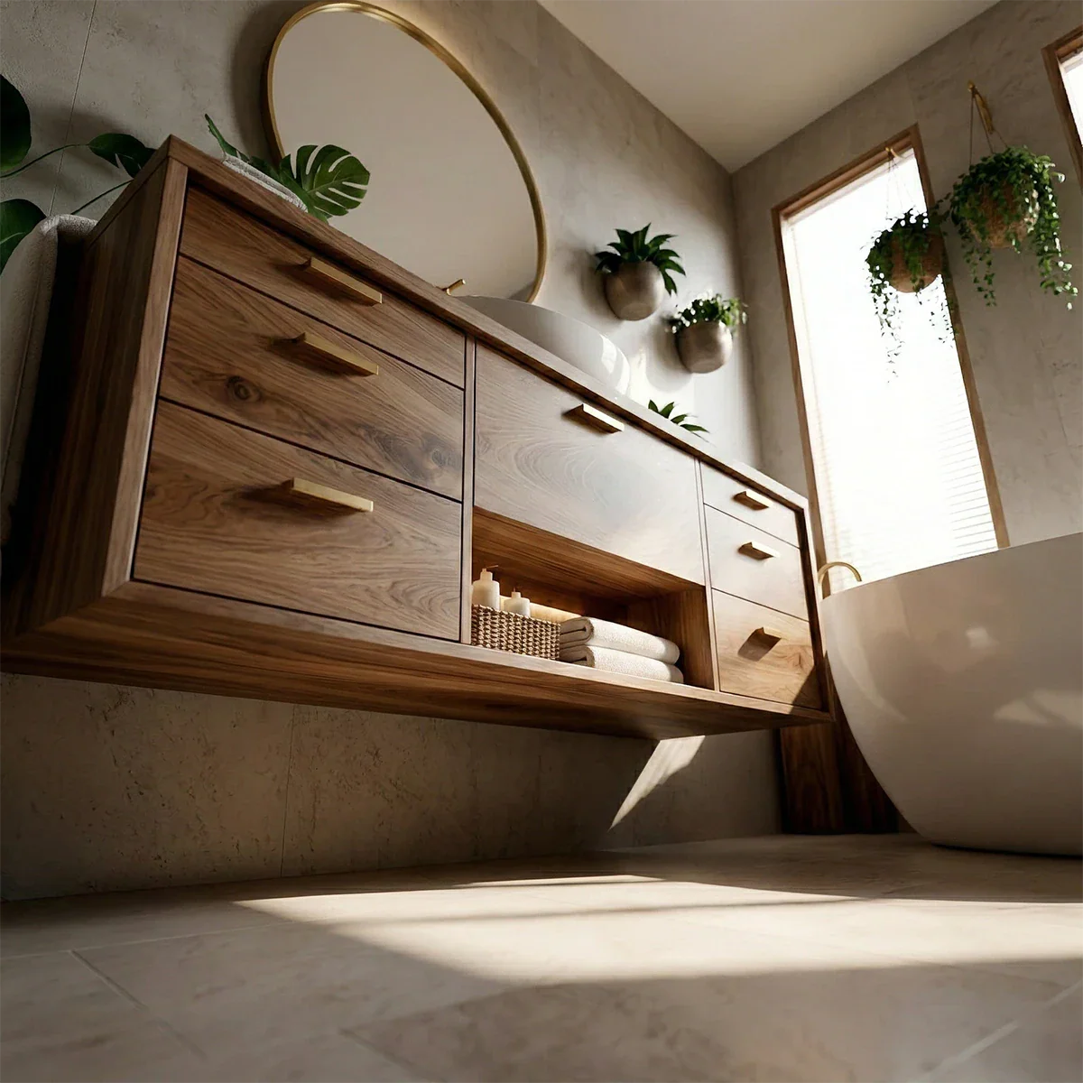 Scandinavian oak floating bathroom vanity in modern bathroom