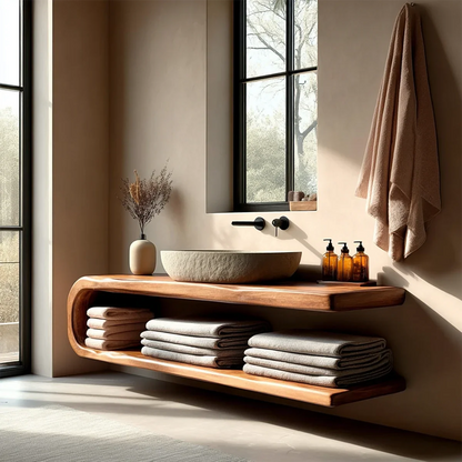 Scandinavian floating vanity with open shelf in oak tone – solid wood bathroom vanity