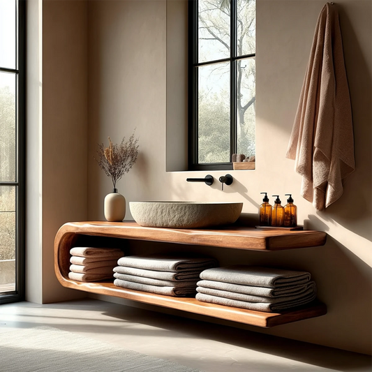 Scandinavian floating vanity with open shelf in oak tone – solid wood bathroom vanity