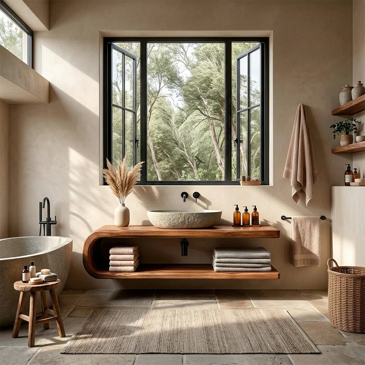 Minimalist floating vanity with open storage and oak color – floating bathroom vanity