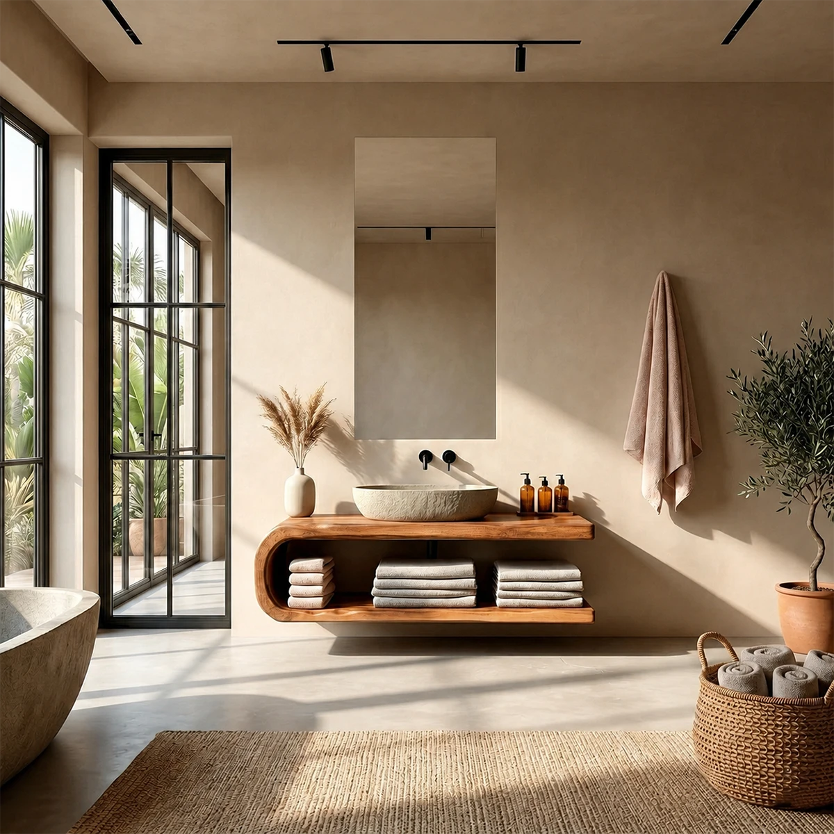 Floating Natural Solid Wood Bathroom Vanity With Open Shelf Storage