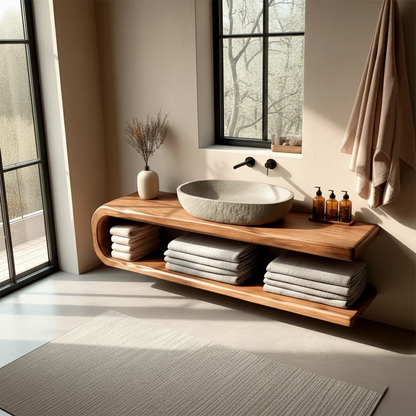 Minimal bathroom vanity with open towel storage – modern floating vanity