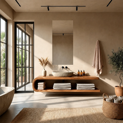 Floating Natural Solid Wood Bathroom Vanity With Open Shelf Storage