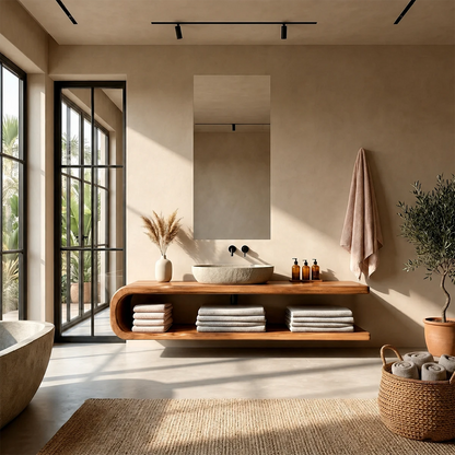 Floating Natural Solid Wood Bathroom Vanity With Open Shelf Storage