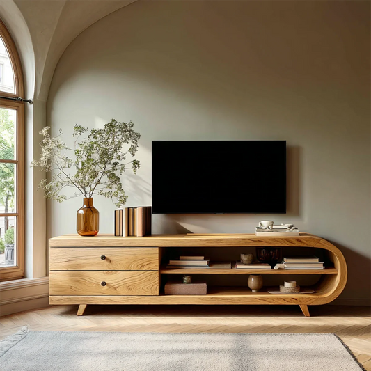 Scandinavian TV console with open storage and light natural wood finish in airy living room