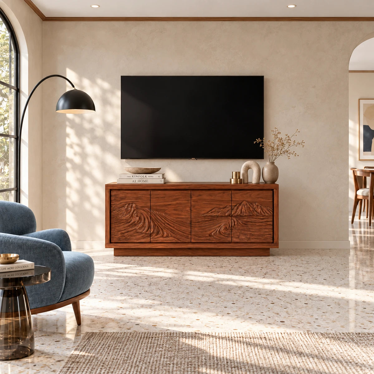 Wide entertainment console in solid wood with relief artwork and roomy storage design
