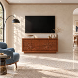 Wide entertainment console in solid wood with relief artwork and roomy storage design
