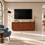 Contemporary TV stand in solid wood with wave relief fronts and mountain scene detail
