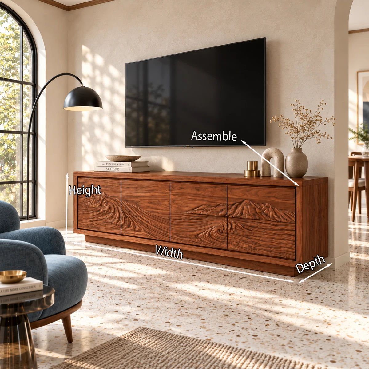 Refined media cabinet in solid wood with landscape carving and concealed storage
