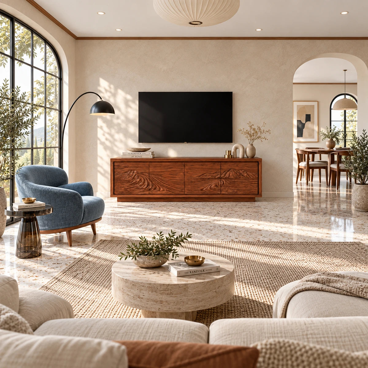 Modern media console in solid wood with scenic carved fronts and hidden storage space
