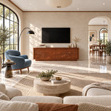 Modern media console in solid wood with scenic carved fronts and hidden storage space
