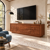 Entertainment center in solid wood with wave artwork and mountain relief details
