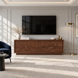 Designer entertainment unit in solid wood with carved panels and a clean base look

