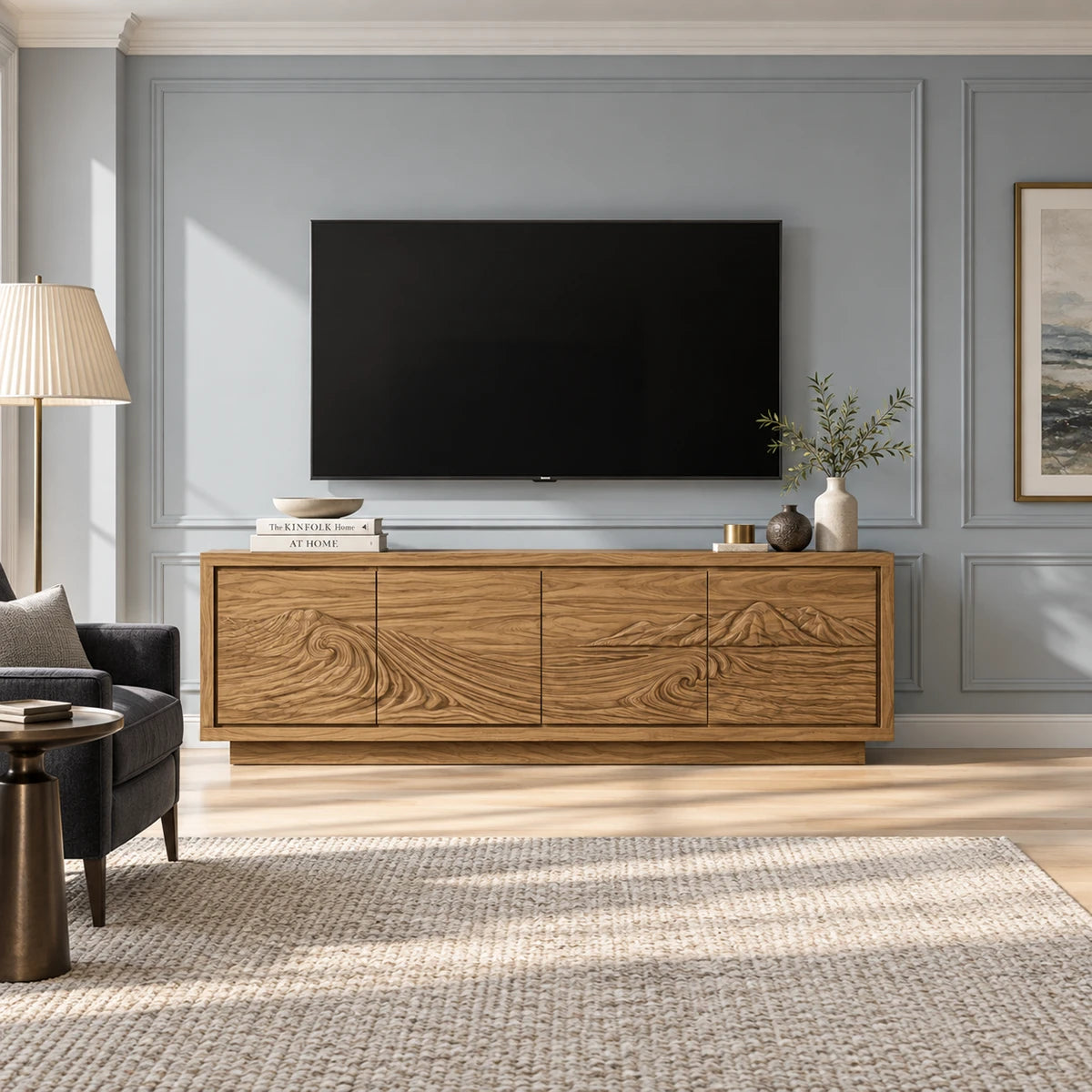 Artful media stand in solid wood with mountain carving and flowing wave textures
