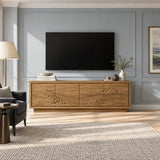 Artful media stand in solid wood with mountain carving and flowing wave textures
