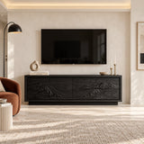 Living room TV stand in solid wood with scenic carved doors and a grounded profile
