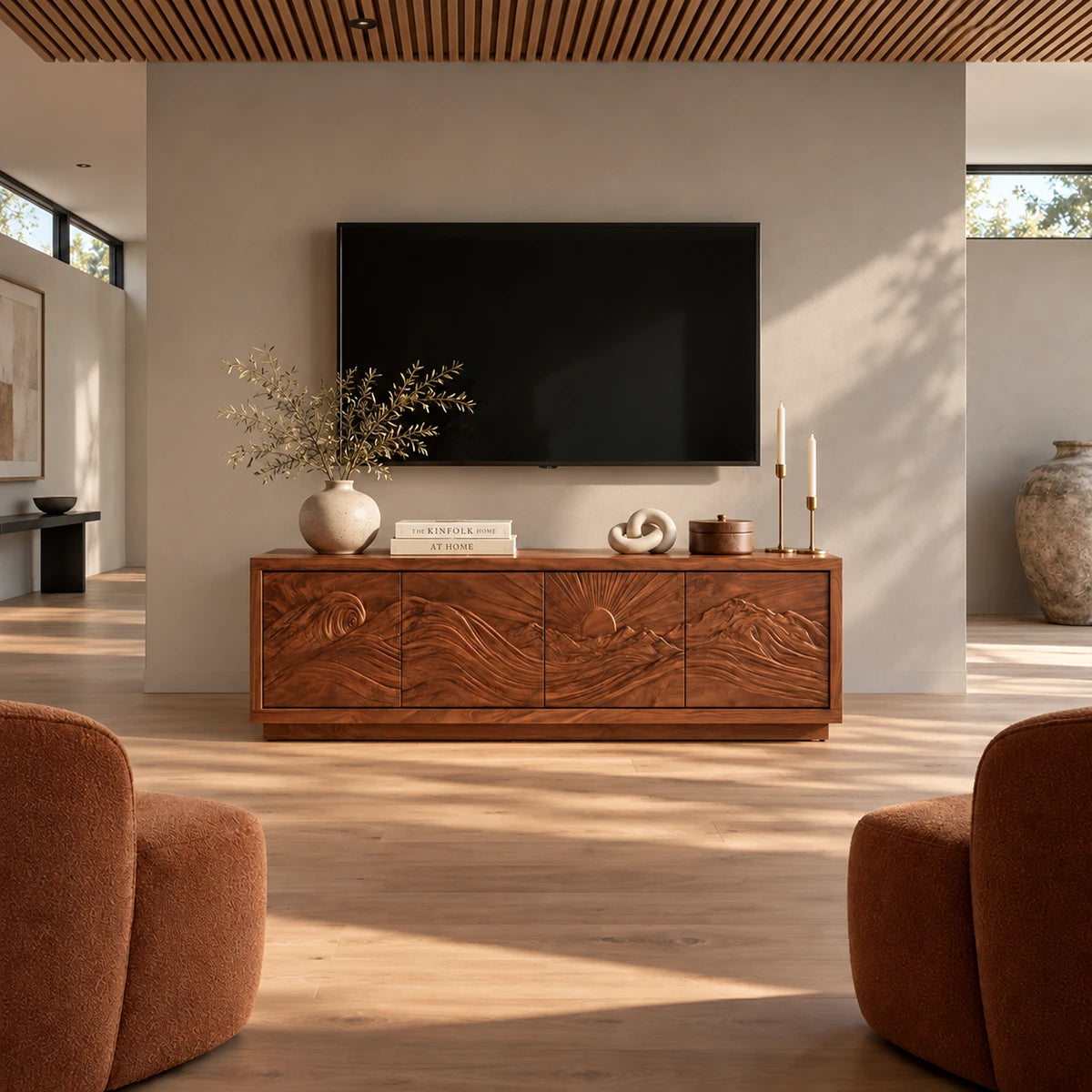 Wide entertainment console in solid wood with textured landscape carving panels base
