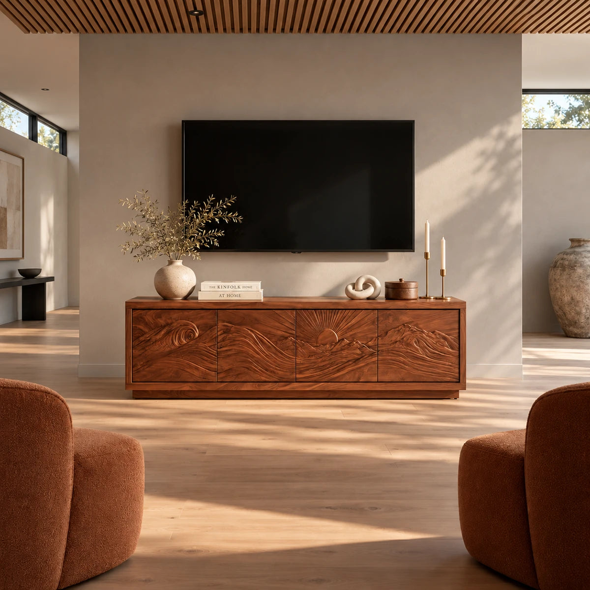 Contemporary TV stand in solid wood with sculpted wave front and hidden storage base
