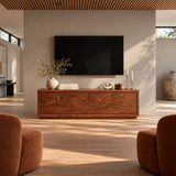 Contemporary TV stand in solid wood with sculpted wave front and hidden storage base
