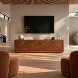 Functional media unit in solid wood with artistic relief doors and linear style form
