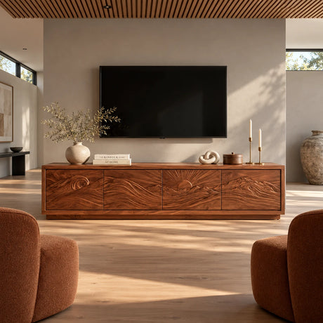 Modern media console in solid wood with scenic relief doors and wide storage base
