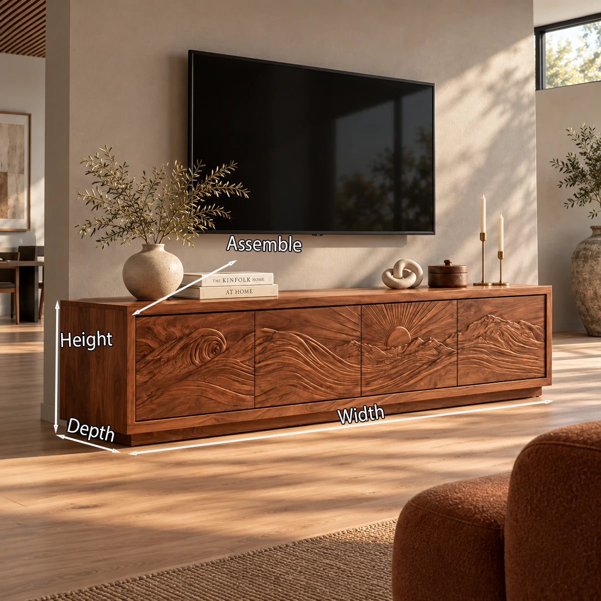 Refined TV media cabinet in solid wood with carved art front and sleek profile base

