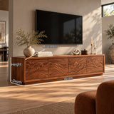 Refined TV media cabinet in solid wood with carved art front and sleek profile base
