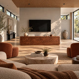 Solid wood TV stand with carved wave and mountain front in a modern living room set
