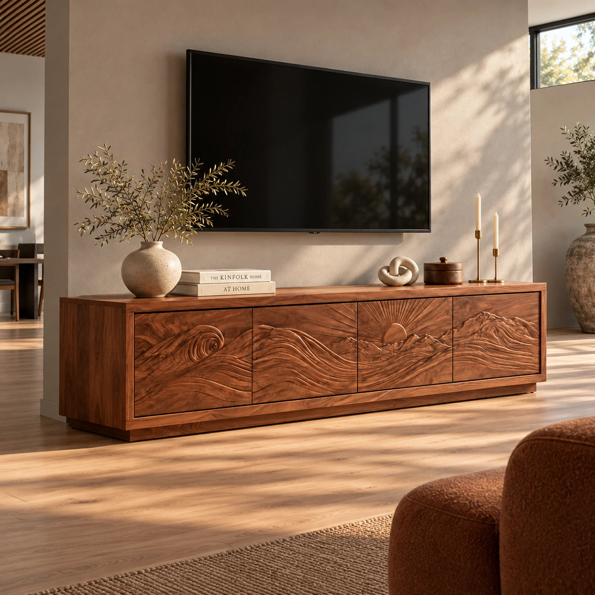 Entertainment center in solid wood with hand-carved landscape panels and storage
