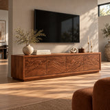 Entertainment center in solid wood with hand-carved landscape panels and storage
