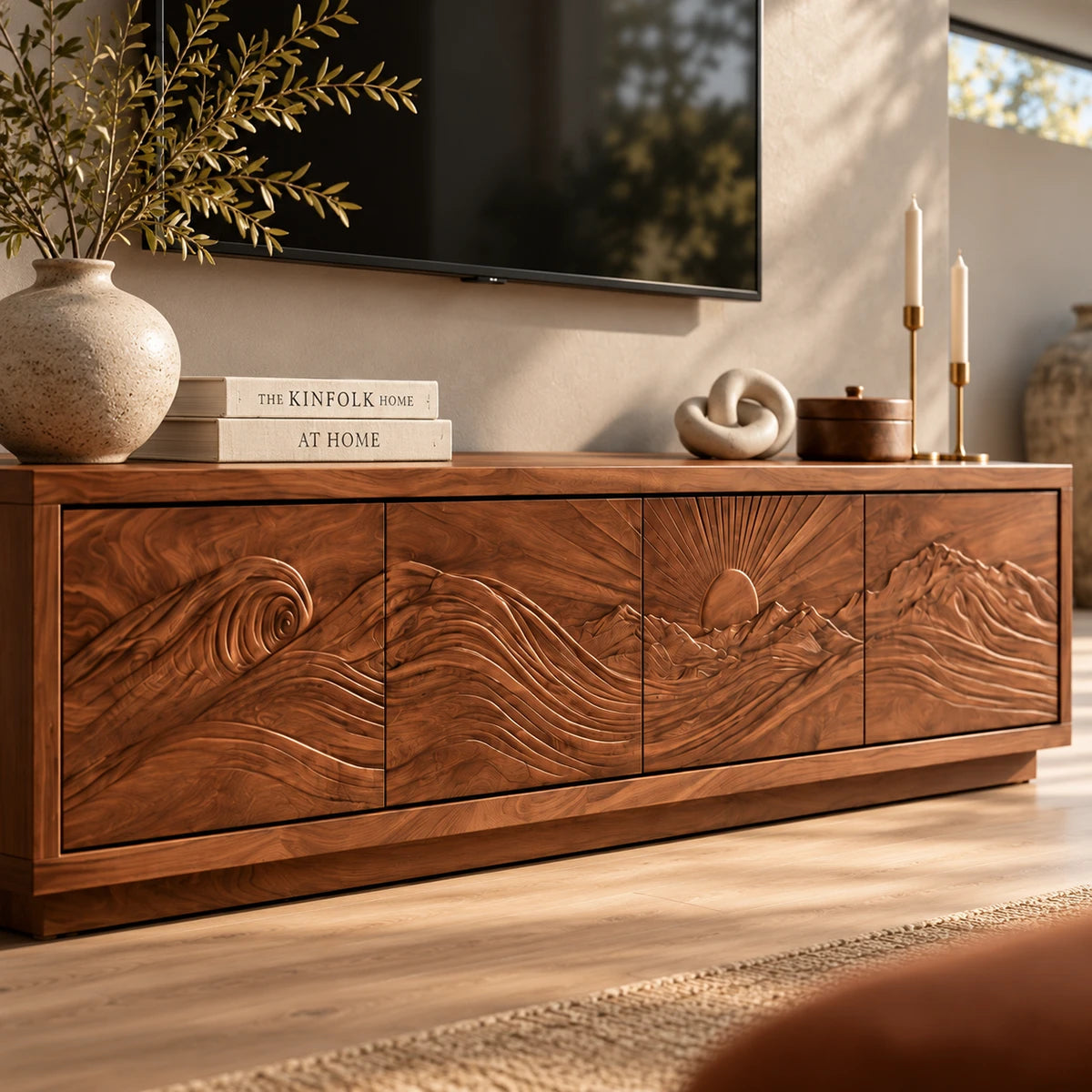 Low-profile TV console in solid wood with wave carving and streamlined silhouette
