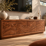 Low-profile TV console in solid wood with wave carving and streamlined silhouette
