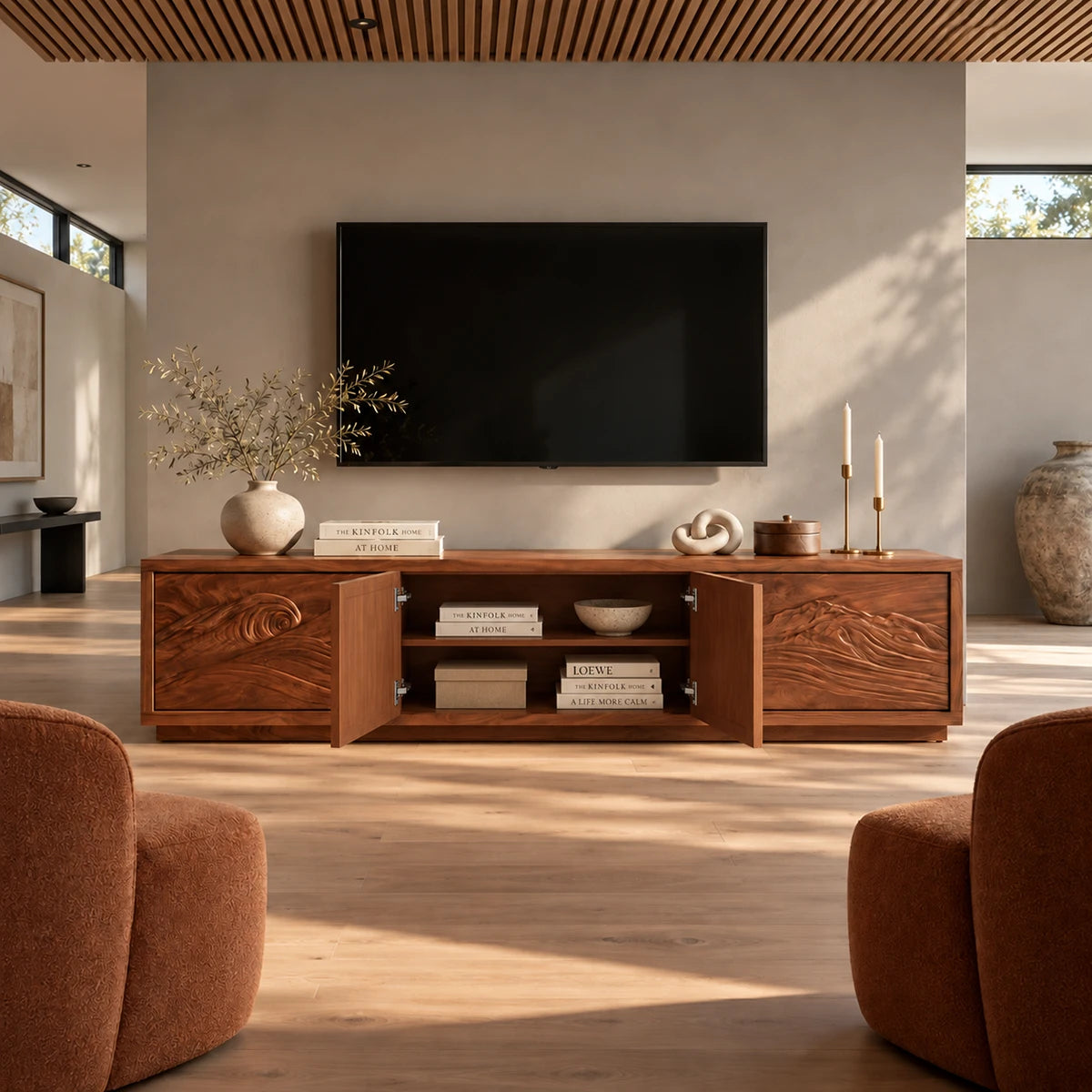 Statement media cabinet in solid wood with artistic relief front and clean lines
