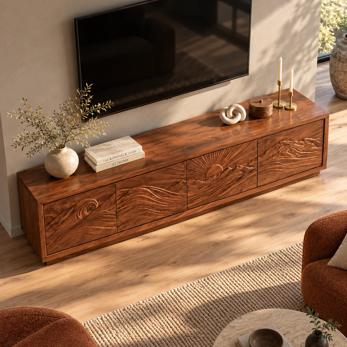 Minimalist TV cabinet in solid wood with carved sunset motif and roomy storage base
