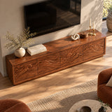 Minimalist TV cabinet in solid wood with carved sunset motif and roomy storage base

