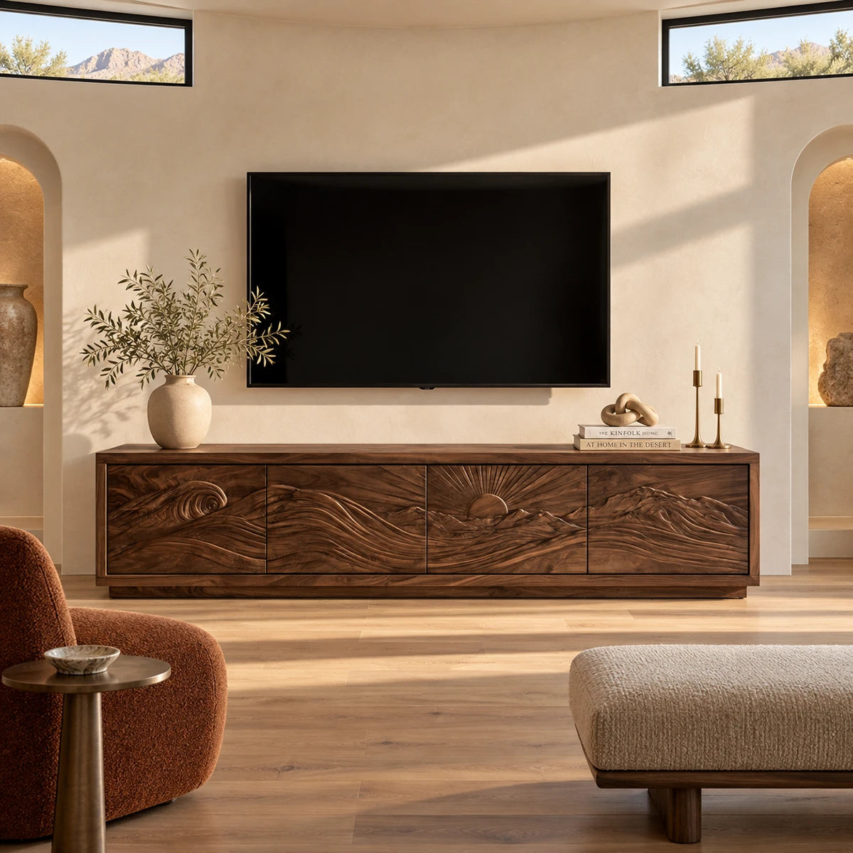 Designer entertainment unit in solid wood with scenic panel detailing and base trim
