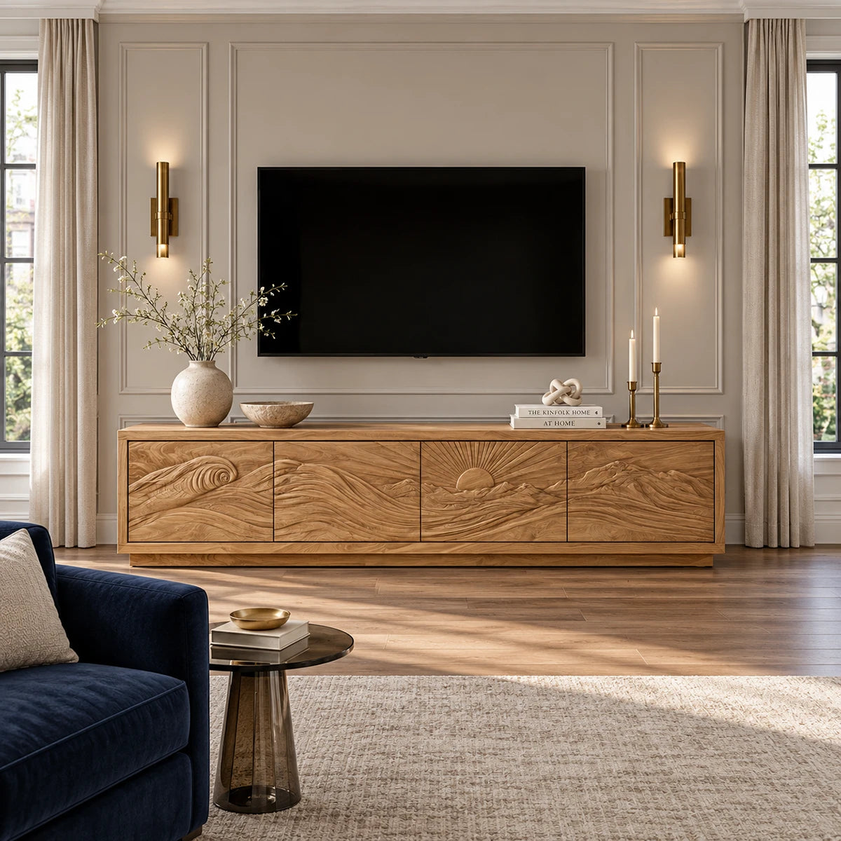 Architectural media stand in solid wood with carved horizon motif and long form base
